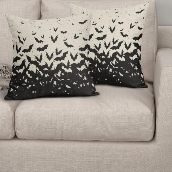Set of 2 Black Bat Pillow Covers 18" Square Pillows Gothic Goth Bats Print New - Picture 2 of 9